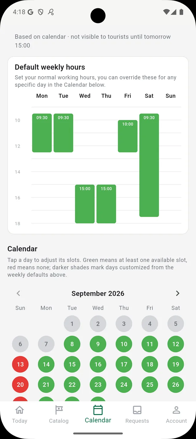 Weekly hours and calendar