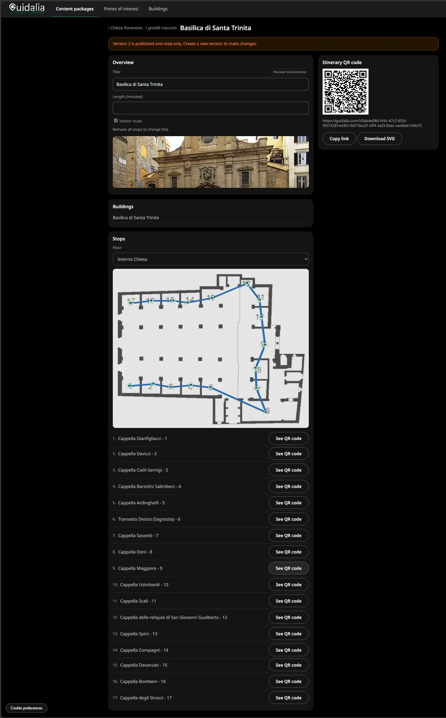 Creator Studio showing a published indoor itinerary, with its floor plan, itinerary QR code and the list of stops